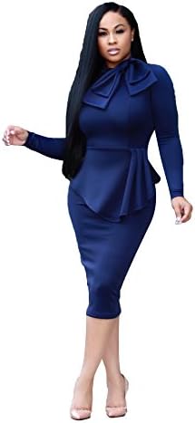 VERTTOP Double-Layered Tie Neck Plain Long Sleeve Warm Women's Bodycon Dress Midi Dress For Party, Cocktail,Club Casual Blue XL