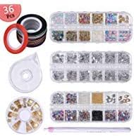 Nail Art Decoration Kit, 36Pcs Nail Rhinestones Set Multi-Size Jewels Metal Nail Rivets Studs Colorful Nail Art Supplies, Nail Art Striping Tape & Striping Roller Box