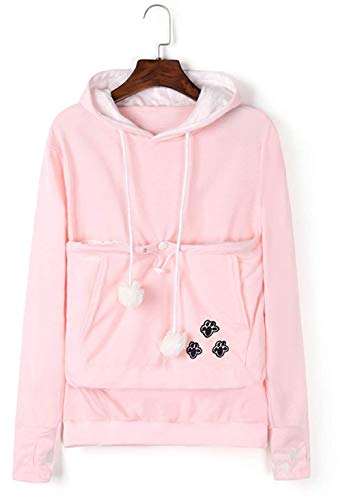 Womens Unisex Big Kangaroo Pouch Hoodie Cat Ear Long Sleeve Pet Dog Holder Carrier Sweatshirt, Pink, Large - Thumbnail 4