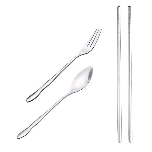 Stainless Steel Foldable Chopsticks Fork Spoon Flatware Set Reusable Chinese Tableware Gift Box for Travel Camping Chopsticks Fork Spoon 3 Pcs - Thumbnail 2