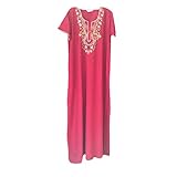 Womens Maxi Caftan Pink Neck Embroidered Cotton Kaftan Evening Wear Dress