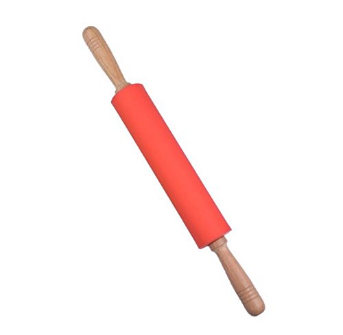 C&L 19" Silicone Rolling Pin Genuine Wood Handles Non-Stick Dough Roller Red - Thumbnail 2