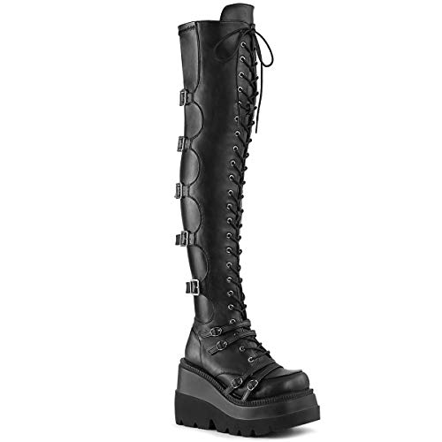 Demonia Women's SHAKER-350 Wedge Platform Knee Boot Black in
