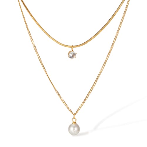 Glintara Layered Damen Kette, Perle Mehrreihige Halskette Für Mädchen, Doppel Multilayer Perlenkette Lang Mit Zirkonia, Wasserfest Layering Kette Gold, Hypoallergen Halskette Modeschmuck Für Geschenk