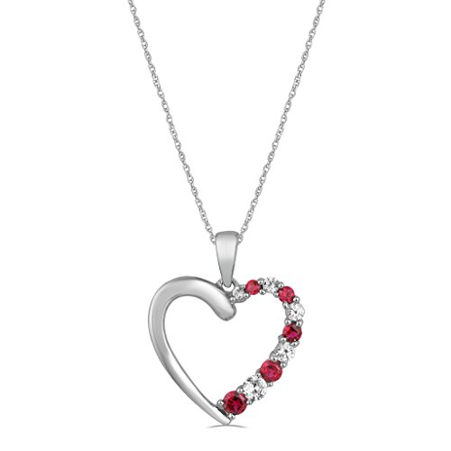 Jewelili 10kt White Gold Created White and Pink Sapphire Heart Pendant Necklace, 18"