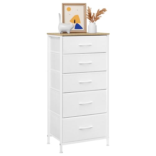 WOLTU Kommode mit 5 Schubladen aus Stoff, Kommodenschrank Sideboard Schubladenschrank, für Schlafzimmer Wohnzimmer Flur, aus Metallrahmen Holzwerkstof