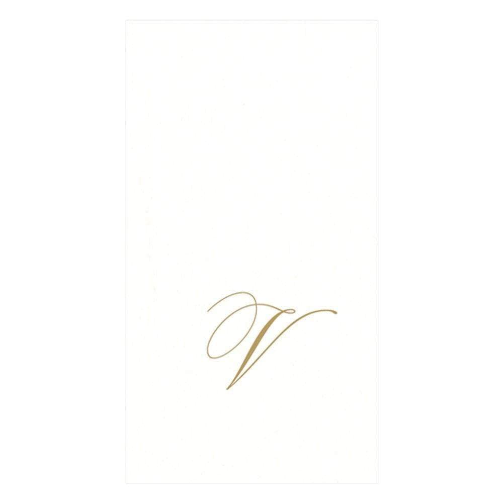 Caspari " Signature Gold Initial V Paper Linen Guest Towels, White Pearl, Pack of 24