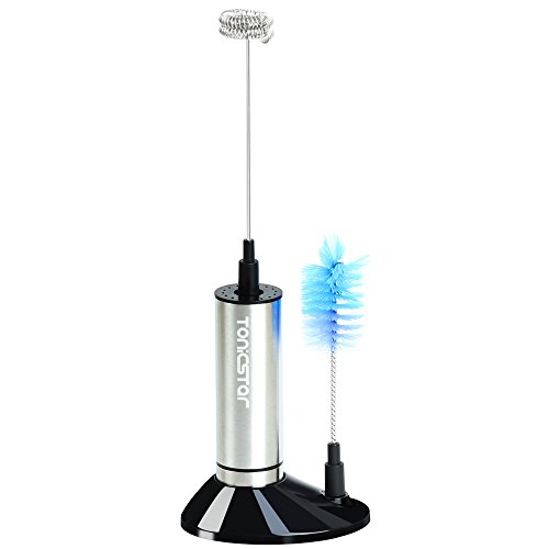 Click Here to See More Images Tonicstar Milk Frother Handheld Battery Operated Electric Foam Maker 19000 RPM for Latte, Cappuccino, Hot Chocolate, Egg, Cream, Kitchen, Stainless Steel 2 Springs Whisk with Brush and Storage Base
