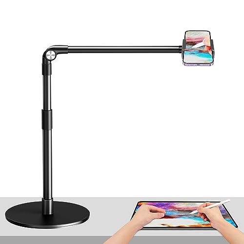 elitehood Overhead Phone Mount with Heavy Duty Base, Height Adjustable Phone Stand for Filming, 38cm Long Arm iPhone Holder for Video Recording, Overhead Tripod for iPhone 15 14 13, Android Cell Phone