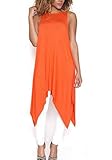 Memorose Women Casual Sleeveless Crewneck Asymmetrical Hem Vest Shirt Midi Dress Orange L