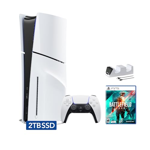 PlayStation 5 Slim Disc 2TB SSD Edition Bundle with Battlefield 2042 and C-Gamers Dual-Controller Charger - PS5 Upgraded with 2TB Ultra Fast SSD, White [video game] [video game] [video game]