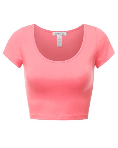 FPT Womens Basic Short Sleeve Scoopneck Crop Top NEONCORAL L