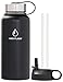 Insulated Water Bottle with Flip Top & Wide Mouth Lids, 2 BPA-Free Straws - 32-40oz, Stainless Steel, Double Wall, Vacuum Insulated for No Leaks - Keeps Liquid Hotter & Colder Longer - Black 32oz
