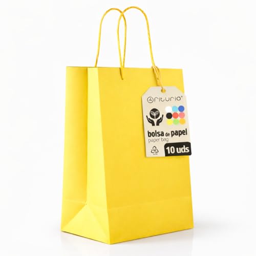 Yellow Paper Bags XL with Handles - Pack of 10, Robust and Recyclable Bags for Gifts and Trade - OFITURIA (42 x 16 x 49 cm, Yellow)