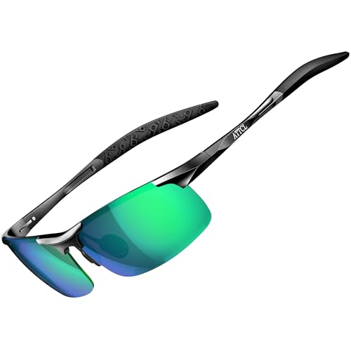 ATTCL Men's Sports Polarized Sunglasses For Driver Golf Fishing Unbreakable Metal Frame (Black-frame/Green lens mirrored)