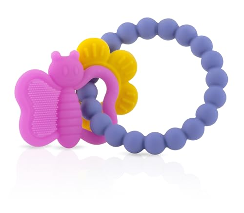 Nuby Chewy Charms Silicone Teether with Butterfly/Flower or Coral Unicorn, 1 Count (Pack of 1)