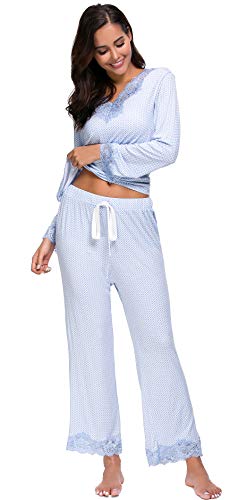 Jusfitsu Womens Cotton Pajamas Set Long Sleeve Top Shirt with Pants Sleepwear Modal Soft Loungewear Lace Pattern M
