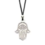 Hamsa Hand of Fatima Pendant Necklace - Evil Eye Protection Lotus Sterling Silver Charm Jewelry Good Luck Success Amulet Black String Rope Adjustable Friendship Handmade Necklace Men & Women