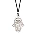 Hamsa Hand of Fatima Pendant Necklace - Evil Eye Protection Lotus Sterling Silver Charm Jewelry Good Luck Success Amulet Black String Rope Adjustable Friendship Handmade Necklace Men & Women