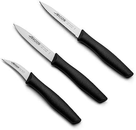 Coloca 3 facas de descascar. 3 facas de descascar em aço inoxidável e cabo ergonómico de polipropileno para cortar frutas, legumes e tubérculos. Série Nova. Cor preta.
