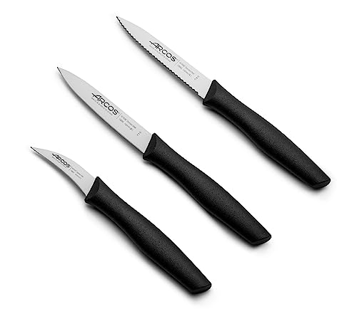 Set 3 Cuchillos Peladores. 3 Cuchillos Peladores Acero Inoxidable y Mango Ergonómico Polipropileno para Cortar Frutas, Verduras y Tubérculos. Serie Nova. Color Negro.