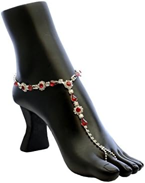 DK FASHION 2 Pieces Women's Foot Chain Barefoot Sandals Beach Wedding Jewelry Anklet with Rhinestone Toe Ring (Red)
