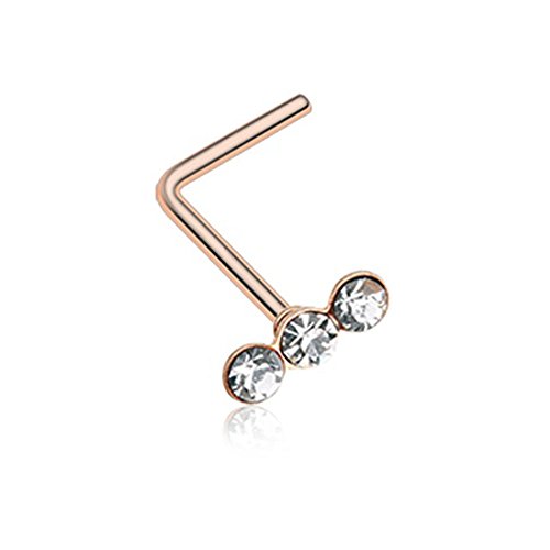 20G Triple Linear Gem L-Shaped Nose Ring (Rose Gold)