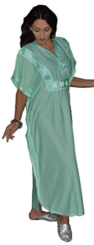 Moroccan Caftans Women Breathable Handmade with Embroidery Ethnic Design Mint