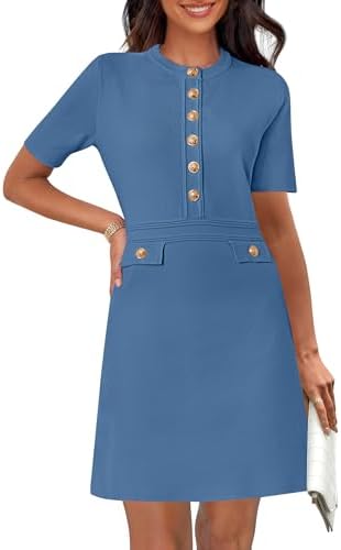 chouyatou Women's Fall Gold Button Formal Cocktail Sweater Dress