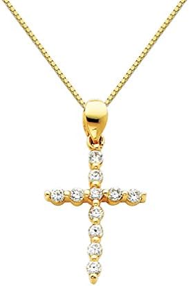 Wellingsale 14k Yellow Gold Polished CZ Cubic Zirconia Religious Cross Charm Pendant with 0.65mm Box Link Chain Necklace