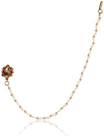 Sonal Fashion Jewellery Gold Plated Kundan Floral Nose Pin With Pearl Beads Chain For Women & Girls (SFJ418)