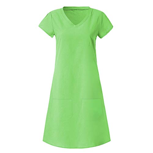 Sharemen Women Cotton Linen Shirt Dress V-Neck Short Sleeve Casual Loose Plus Size Summer Boho Dress(Green,L)