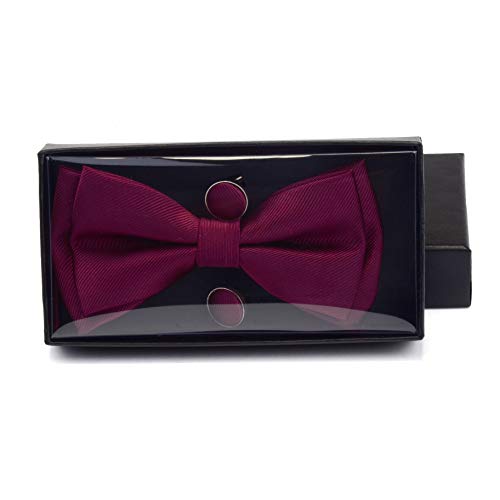 Burgundy Bow Tie Pre-tied Adjustable Wine Red Bow Ties and Pocket Square Cufflink Sets (0577-06) - Thumbnail 5