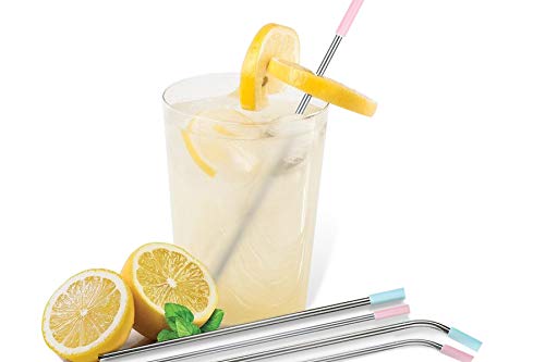 Stainless Steel Straws Set of 8 Reusable Drinking Straws for 30oz 20oz Tumbler 10.5’’ 8.5’’ Diameter 0.24’’ 0.31’’ with 8 Silicone Tips 2 Cleaning Brushes and Pouch(4 Bent 4 Straight) (8.5'' 10.5'')