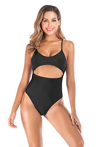 Agreya Women\'s high Slit Halter Back one-Piece Swimsuit (Black, L)