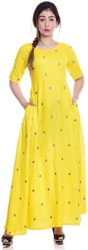 Fabsom Women's Long Embroidered Kurti, Yellow