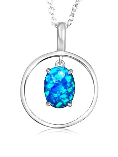Heart's Art Australia Play of Colour: Dangling Sterling Silver circle created 8x6mm Opal Necklaces for Womens Jewellery, Girls Birthday Presents, Handmade Silver Chain Necklace for Women (Green Blue) — image 1