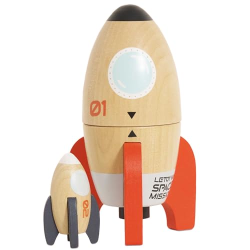 Le Toy Van Wooden Space Rocket Duo Toy, Plastic Free with Hidden Mini Rocket, Suitable for 24+ Months, Girls and Boys