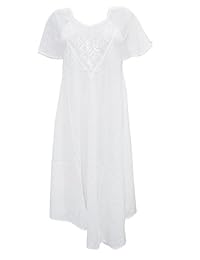 Womens Caftan Dress White Embroidery Scoop neck Rayon Kaftan Cover Up