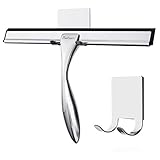 Baban Shower Squeegee with 2 Strong Adhesive Holder Hooks, Stainless Steel Glass Squeegee Window Squeegee - All-Purpose Squeegee for Bathroom/Kitchen/Car Glass/Mirror/Shower Door, 9.6 Inch, Chrome