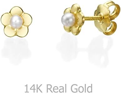 14K Yellow Gold Fleshwater White Pearl Flower Screwback Stud Earrings Children Jewelry Gift