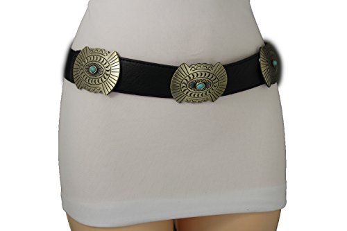 TFJ Women Western Concho Fashion Elastic Belt Hip Waist Gold Metal Charms S M Black