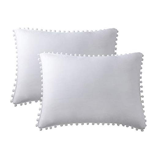 MoonxHome Pom Pom Fringe Pillowcases, Double Brushed Microfiber Pillow sham Pillow Cover Set Standard/Queen Size White
