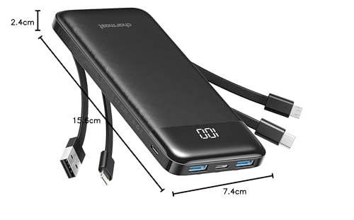 Charmast Power Bank, Slim 10000mAh Powerbank mit 4 Kabel und LED-Display, 6 Ausgängen Klein Aber Stark USB C Externe Handyakkus Kompatibel mit iPhone 17 16 15 14 13 12 11 Pro Max Plus Samsung Tablet 10