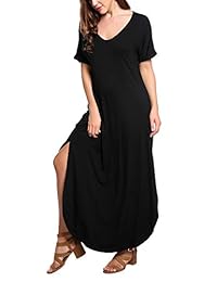Meaneor - Vestido de verano para mujer, cuello en V, manga corta, con abertura lateral, largo, de gran tamaño, con bolsillos