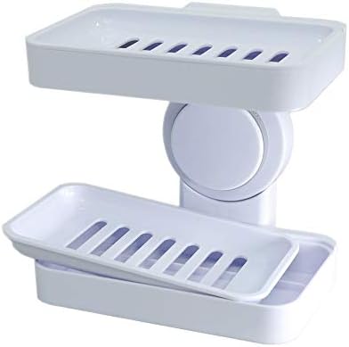JIURU Powerful Suction Cup Soap Holder for Shower, Wall Mounted Soap Dish for Bathroom and Kitchen, Soap Box with Draining Tray, White ABS Plastic, Reuseable