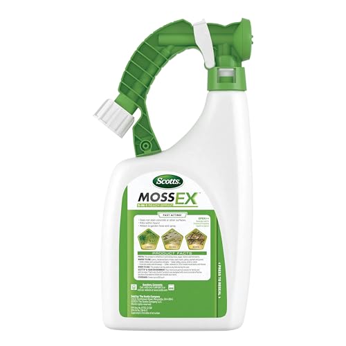 SCOTTS MOSSEX 3-IN-1 READY SPRAY – HOSE-END APPLICATOR, KILLS MOSS, ALGAE AND LICHENS, FAST ACTING MOSS KILLER FOR LAWNS, ROOFS, PATIOS, 32 FL. OZ.