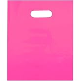 Plastic Shopping Bag with Die Cut Handle Bag 12" x 15" Pink Plastic Merchandise Bags with Handle 100 Pack for Retail, Heavy Duty Bulk Bags