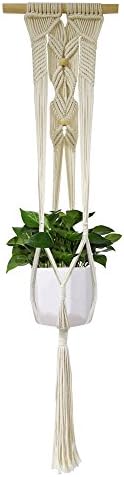 Plant Hanger/Plant Holder- PURENJOY Natural Manual Knitted Cotton Rope Crochet Basket With Wooden Beads Decorations For Plant Hanging, Hanging Planter Basket Rope 4 Legs 44.1 Inch/112cm