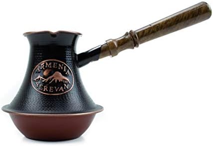 Armenian Coffee Pot for Indcution cooker Handmade Copper Jazva Makers 5 Turkish cups Wooden Handle Turkish Jezve Ibrik Turka Arabic Greek with Grinders (Coffee Pot + Grinders)